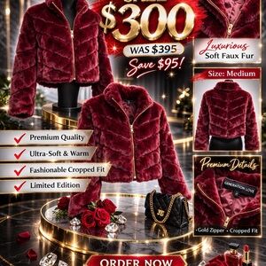 Generation Love Faux Fur Cropped Jacket in Burgundy with Gold Zipper